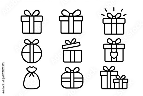Gift box line icon set. Present and surprise vector symbols for celebration, birthday, Christmas. Holiday outline pictogram collection. Editable stroke linear illustration.
