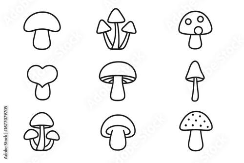 Mushroom line icon set. Fungi outline symbols for web and graphic design. Simple toadstool, champignon, amanita vector illustration. Minimalist fungus doodle collection.
