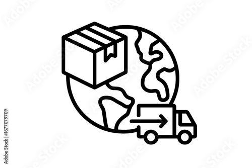 Global delivery icon with globe, truck, and package. International shipping, worldwide logistics, and e-commerce concept. Freight transport, cargo distribution, and order service.