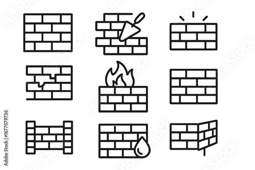 Brick wall outline icon set. Construction and masonry concepts. Vector symbols for building, repair, firewall, and protection. Editable stroke line art illustration.