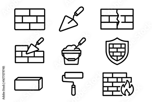 Brick wall outline icon set. Construction, masonry, and building symbols. Vector icons of trowel, cement, bricklaying, repair, firewall, protection shield, and paint roller.