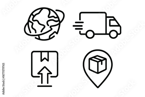 Global delivery and logistics icon set. Worldwide shipping, fast truck, package tracking pin, and parcel symbol. Thin line art for e-commerce, web, and apps. Vector illustration.