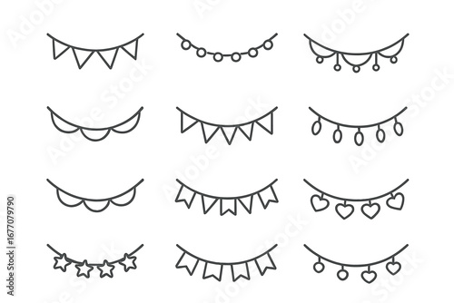 Garland bunting party flags line icon set. Festive decoration for celebration, birthday, wedding. Minimalist vector hanging banner illustration with hearts and stars. Editable stroke.