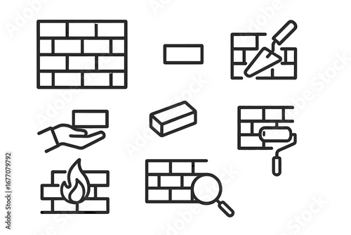 Brick wall line icon set. Building and construction concept. Vector symbols of renovation, firewall security, masonry, bricklaying with trowel, painting, and inspection.