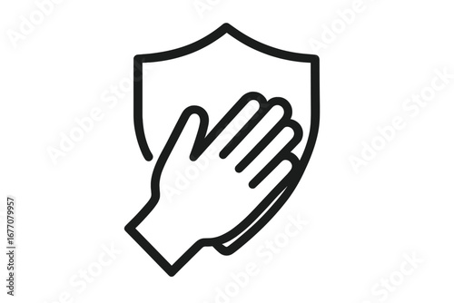 Hand on shield icon concept for protection, safety, and security. Vector outline symbol for defense, insurance, or data privacy. Clean, safe and protected illustration for web.