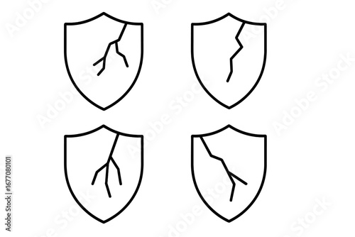 Broken shield icon collection. Cracked security symbol. Concept of vulnerability, data breach, risk and failed protection. Damaged defense pictogram. Simple outline vector illustration.