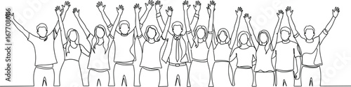 Group of people cheering, happy crowd, celebration together, raised hands, unity concept, teamwork success, positive energy, community gathering, joyful moment, social event,
