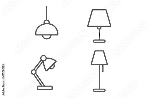 Lamp line icon set. Lighting fixtures vector graphic collection. Includes table, floor, desk, and hanging pendant lamp. Thin outline illustration for interior design and apps.