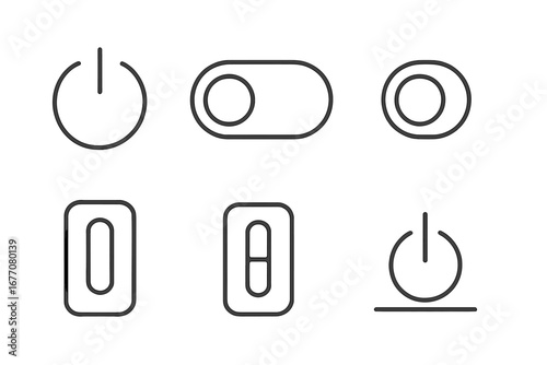 On Off switch toggle and power button line icon collection. Vector outline signs for web and app design. User interface UI UX elements. Minimalist start stop symbol set.