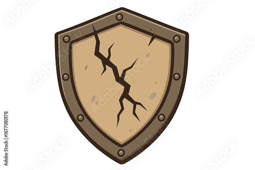 Cracked shield vector icon. Metaphor for vulnerability, risk, and failed security. Broken defense symbol for data breach or attack. Cartoon illustration for games or web.