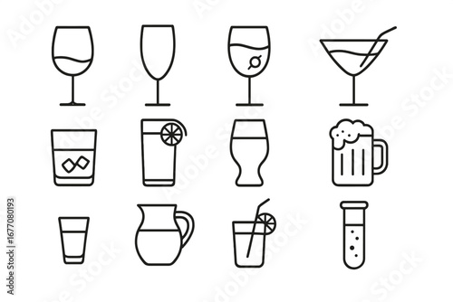 Glass collection thin line icons set, editable stroke vector illustration, drinkware symbols for websites, books, cards, apps, transparent background, assorted beverage glassware