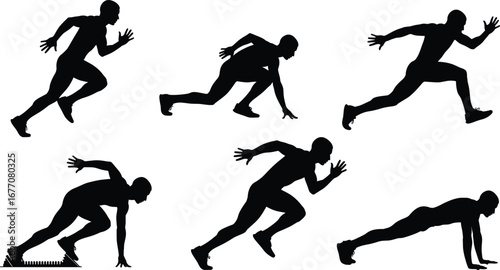 Running athlete silhouettes, sprint start poses, fitness motion vector, sports action figures, athletic running, workout positions, dynamic movement, sprinting man, fitness exercise, 
