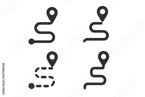 Route location vector icon set. Path from start to finish with map pin. GPS navigation sign for direction and destination. Journey, trip, and waypoint concepts for travel apps.