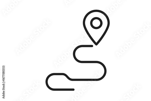 Route with map pin icon. GPS navigation, destination point, location marker. Path finding, travel itinerary, journey planning. Roadmap, direction, track concept vector.