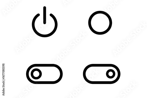Power button and toggle switch line icon set. On and off state symbols in thin line style. User interface element for application and website design. Vector minimalist pictogram.