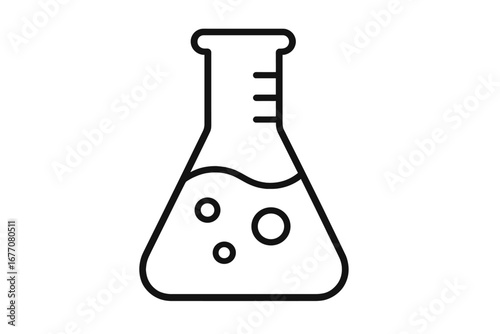 Laboratory flask outline icon for science and chemistry. Concept of research, experiment, biotechnology. Erlenmeyer flask with bubbling liquid solution. Vector symbol for lab.