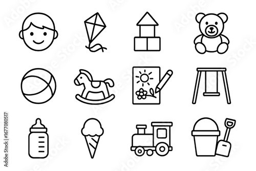 Childhood thin line icon set. Vector collection of kids toys, baby items, and playground objects. Editable stroke outline graphics for web and print. Boy, teddy bear, train.