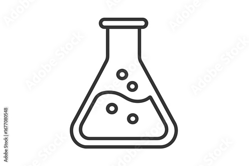 Laboratory flask outline icon. Chemistry symbol. Beaker with liquid, bubbles. Chemical science research experiment concept. Vector for web education medicine biology pharmacy.