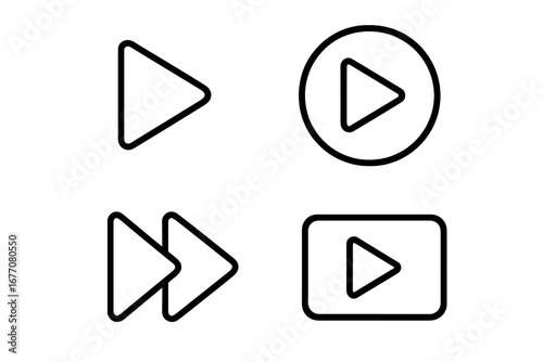 Media play icons set, outline vector symbols including play button, fast forward, circular and rectangular play controls for multimedia, video, music apps, digital media design