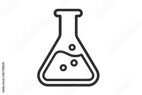 Erlenmeyer flask icon with liquid and bubbles. Science and chemistry concept. Outline vector symbol for laboratory, research, experiment, analysis, medicine, and education.