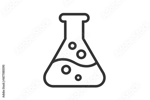 Laboratory flask outline icon. Erlenmeyer flask with bubbling liquid. Chemical reaction concept. Science, chemistry, research, experiment symbol. Lab equipment vector illustration.