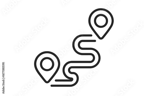Route with map pins showing start and finish points. Winding path for a journey from A to B. GPS navigation line icon for travel and destination tracking. Vector illustration.
