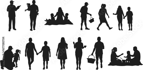 Family silhouette set, parents and children, outdoor activities, family walking, picnic scene, parent child bonding, happy family moments, black silhouettes, family love, parenting concept,