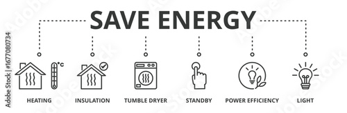 Save energy banner vector illustration concept with icon of heating, insulation, tumble dryer, standby, power efficiency and light