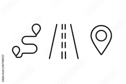 Navigation icons set. Route, path and journey concept with destination points. Road, street or highway sign. GPS map pin, location pointer marker. Vector line art illustration.