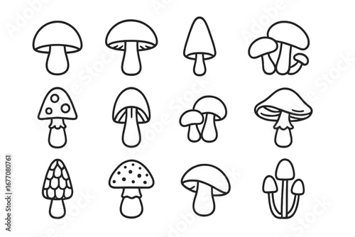 Mushroom icon set. Vector fungi line art collection. Simple outline toadstool symbol for web, logo, app. Forest nature food concept. Minimalist cartoon doodle illustration.