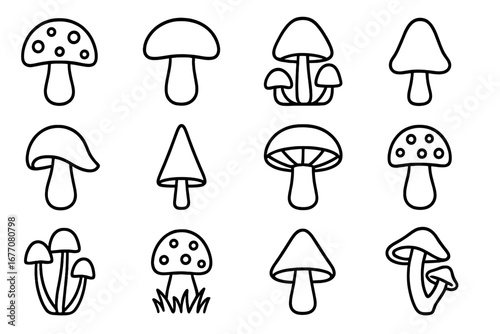 Mushroom line icon set. Fungi outline symbols collection for web and graphic design. Simple toadstool, champignon, and amanita vector pictogram pack for apps and logos.