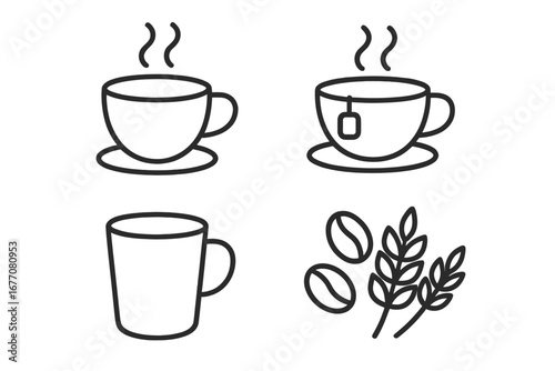 Coffee and tea icon set. Simple line art vector illustration for cafe menu, beverage, or drink concepts. Includes cup, mug, coffee beans, and tea bag symbols for web.