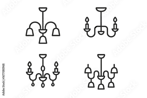 Chandelier icon set, minimalist line art. Ceiling pendant light fixture pictogram for home decor. Classic elegant lighting illustration. Isolated vector outline symbol pack.