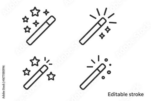 Magic wand thin line icon bundle, editable stroke vector set for web design, apps, books, cards, and digital projects, cartoon style magic stick collection with stars and sparkles