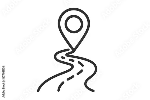 Route with map pin. Winding road to a destination point. Location marker icon. Navigation, GPS, and travel concept. Journey, trip, or itinerary symbol. Vector line art.
