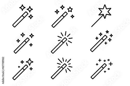 Magic wand outline simple linear icons collection with editable stroke for websites, books, cards, and apps, vector cartoon illustrations with transparent background, mystical tool set