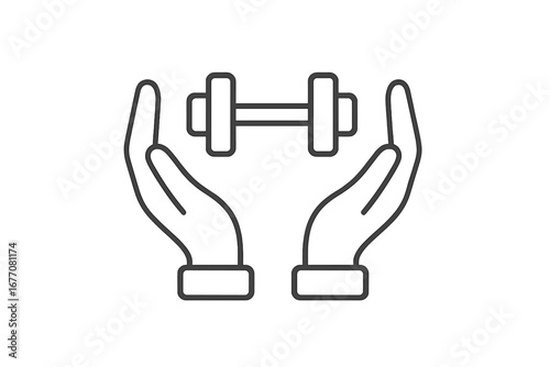 Hands holding dumbbell line icon. Vector illustration of weightlifting, fitness, gym workout concept. Symbol for health care, bodybuilding, strength training, healthy lifestyle.