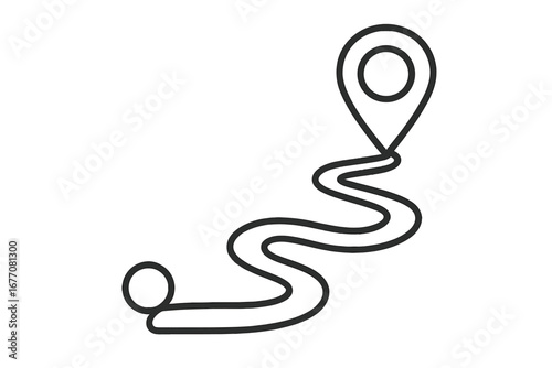 Route icon with map pin. Winding road from start to destination point. Journey, path, and travel concept. Location pointer for GPS navigation. Vector outline symbol for direction.