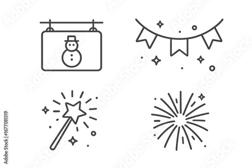 Holiday and celebration line icon set. Snowman sign, party garland, magic wand, and firework pictogram collection. Winter, Christmas, New Year event symbols. Vector outline.
