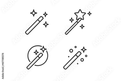 Set of Magic Wand Thin Line Icons, Editable Stroke Vector Cartoon Illustrations for Web, Books, Cards, Apps with Transparent Background, Ordered Collection of Magical Elements