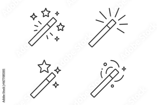 Magic wand icons set, thin line editable stroke vector collection for web design, apps, books, cards, and digital projects, cartoon style transparent background effects