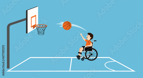 Wheelchair basketball shot towards goal, showcasing determination and skill, with focus on movement. Disabled athlete throwing ball with precision in wheelchair basketball, highlighting inclusivity.
