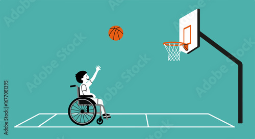 Boy playing basketball from wheelchair on court with hoop. Playing basketball enhances fitness and promotes inclusivity, fostering community engagement. Enjoy playing basketball,