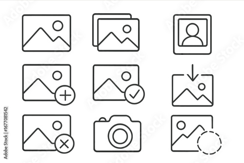 Picture line icon set. Photo image outline signs for web design. App UI UX interface pictograms. Add, delete, download, upload, approve, edit, crop. Gallery, avatar symbol.
