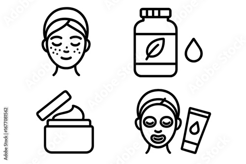 Skincare routine icon set for beauty and dermatology. Face with acne, cream jar, sheet mask, serum, and supplements. Cosmetology vector outline symbols for spa & wellness.
