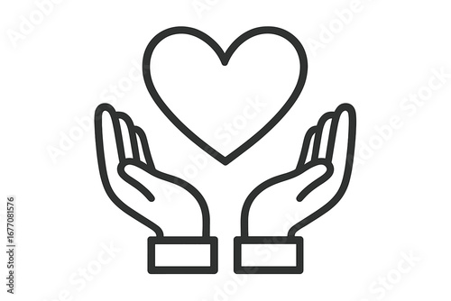 Hands holding heart line icon. Charity, donation, and love symbol. Care, help, and support concept. Volunteer sign for social service. Health, hope, and kindness vector.