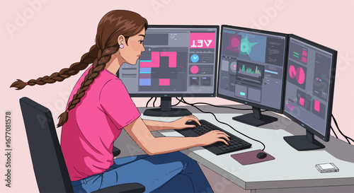 Girl using computer working at desk with three monitors displaying data. Working at desk and analyzing complicated statistics on multiple screens.