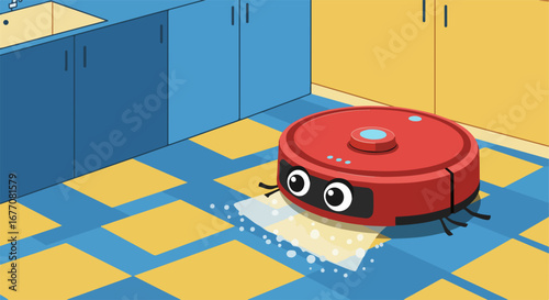 Autonomous robot vacuum cleaning dirty floor with water spill in room illustration. Robot vacuum removes stains and cleans floor, showcasing technological advancement and convenience.
