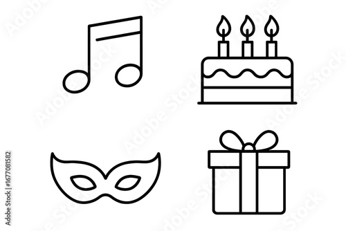 Musical center, birthday cake with candles, masquerade mask, gift present outline icons for design, celebration, party, festive cards, apps, social networks, vector cartoon illustration transparent