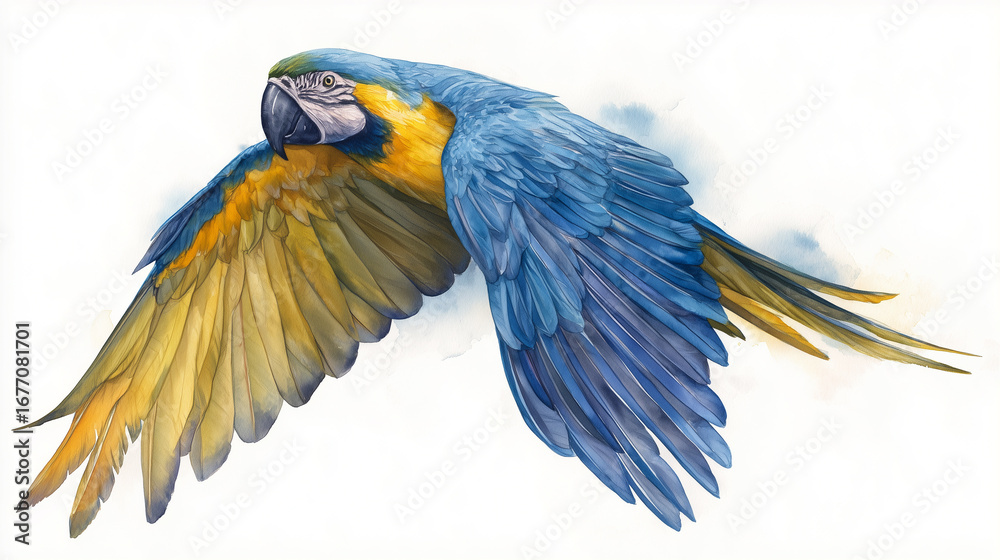Obraz premium A blue and yellow macaw is flying with its wings spread wide, showcasing its vibrant plumage.